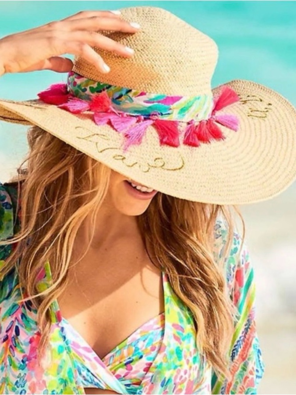 NWOT RARE & HTF Lilly Pulitzer Sun Goddess Straw Hat With Pink Tassel Trim